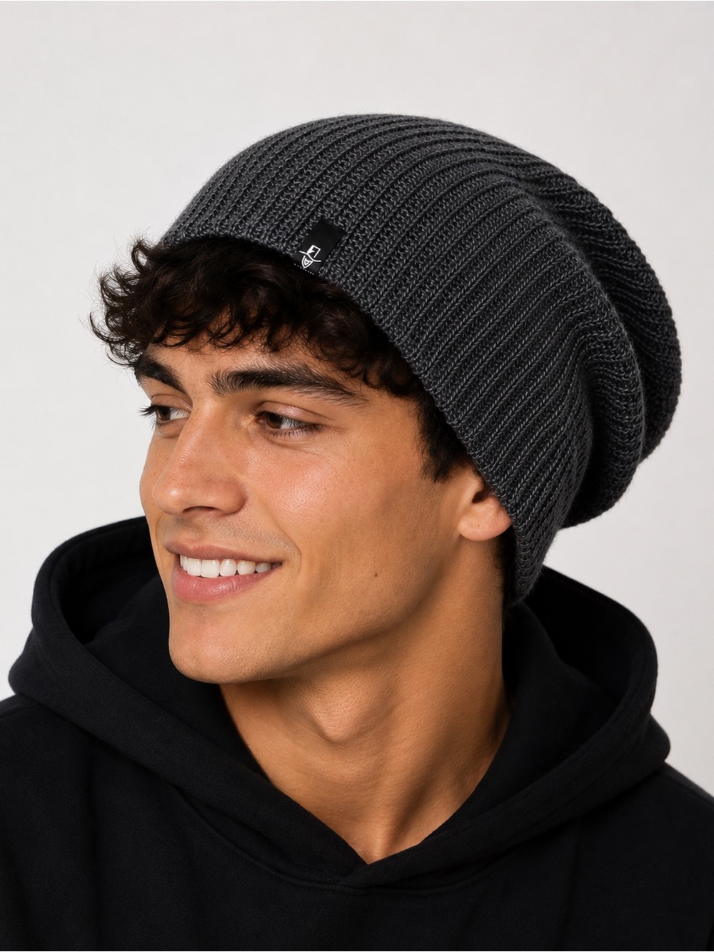 Reversible Slouch Beanie Gray Black Knit Winter Hat Stretch Unisex FORBUSITE